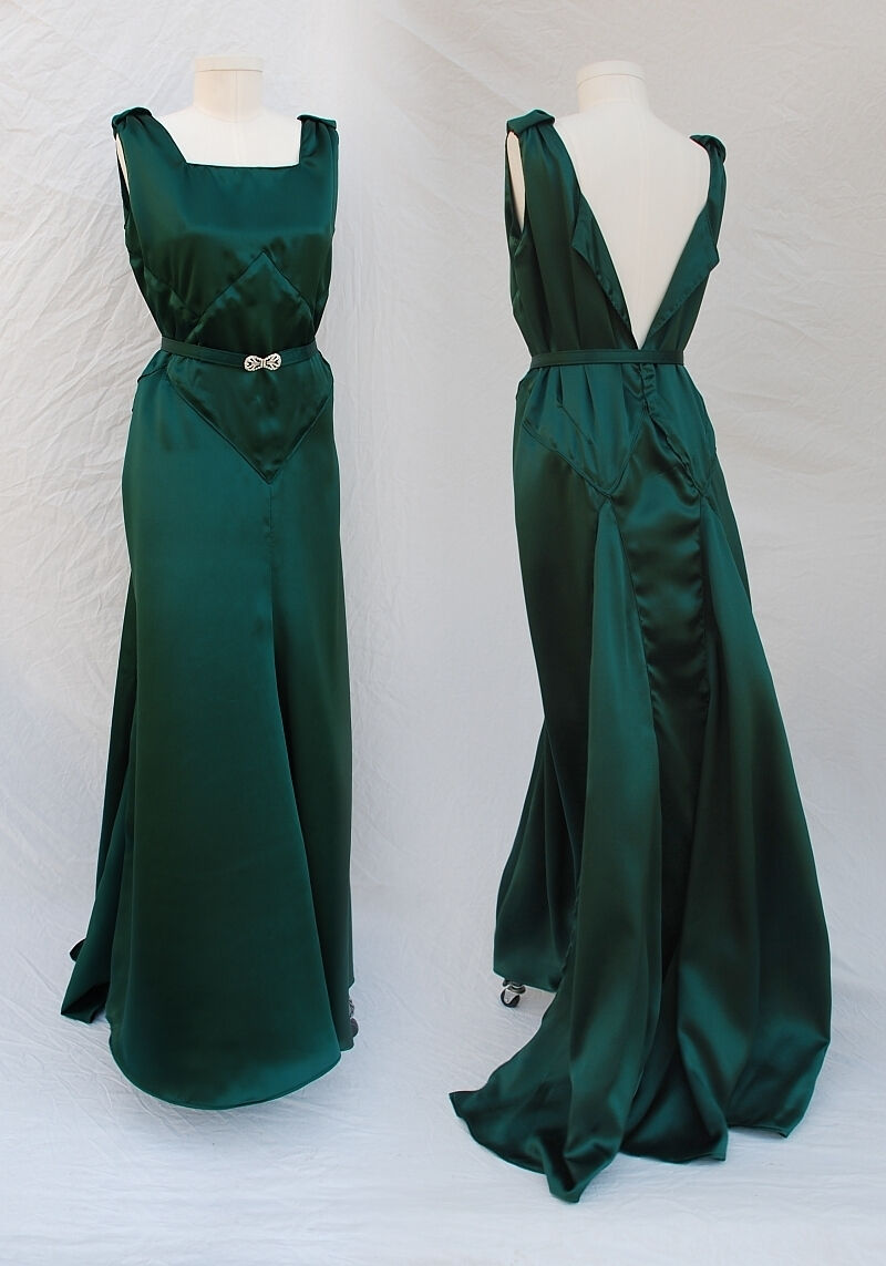 1930s Style Green Silk Satin Dress