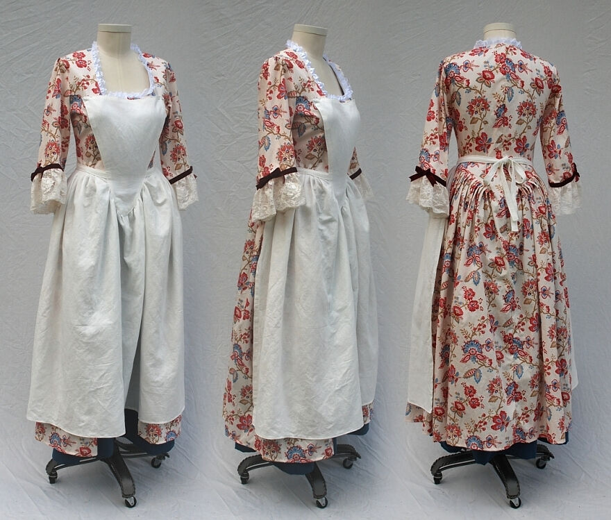 Floral Print Revolutionary War Gown with Linen Pinner Apron