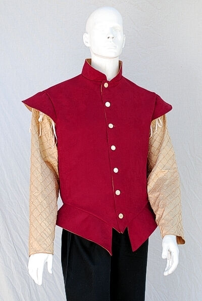 Red Faux Suede Doublet with Old Gold Dupioni Sleeves