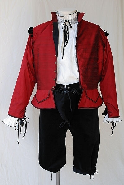 Red Shot Silk Dupioni Doublet, White Linen Blackwork Shirt and Cotton Velvet Breeches