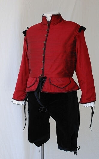 Red Shot Silk Dupioni Doublet, White Linen Blackwork Shirt and Cotton Velvet Breeches