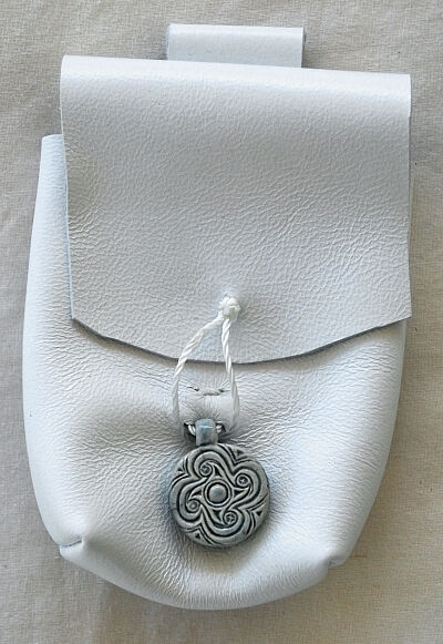 White Lambskin Leather Belt Pouch with Celtic Spirals Ceramic Accent