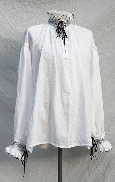 Elizabethan White Linen Shirt with Blackwork Embroidery