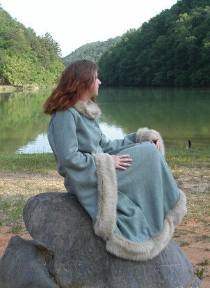 Faux Fur Trimmed Blue Grey Wool Coat